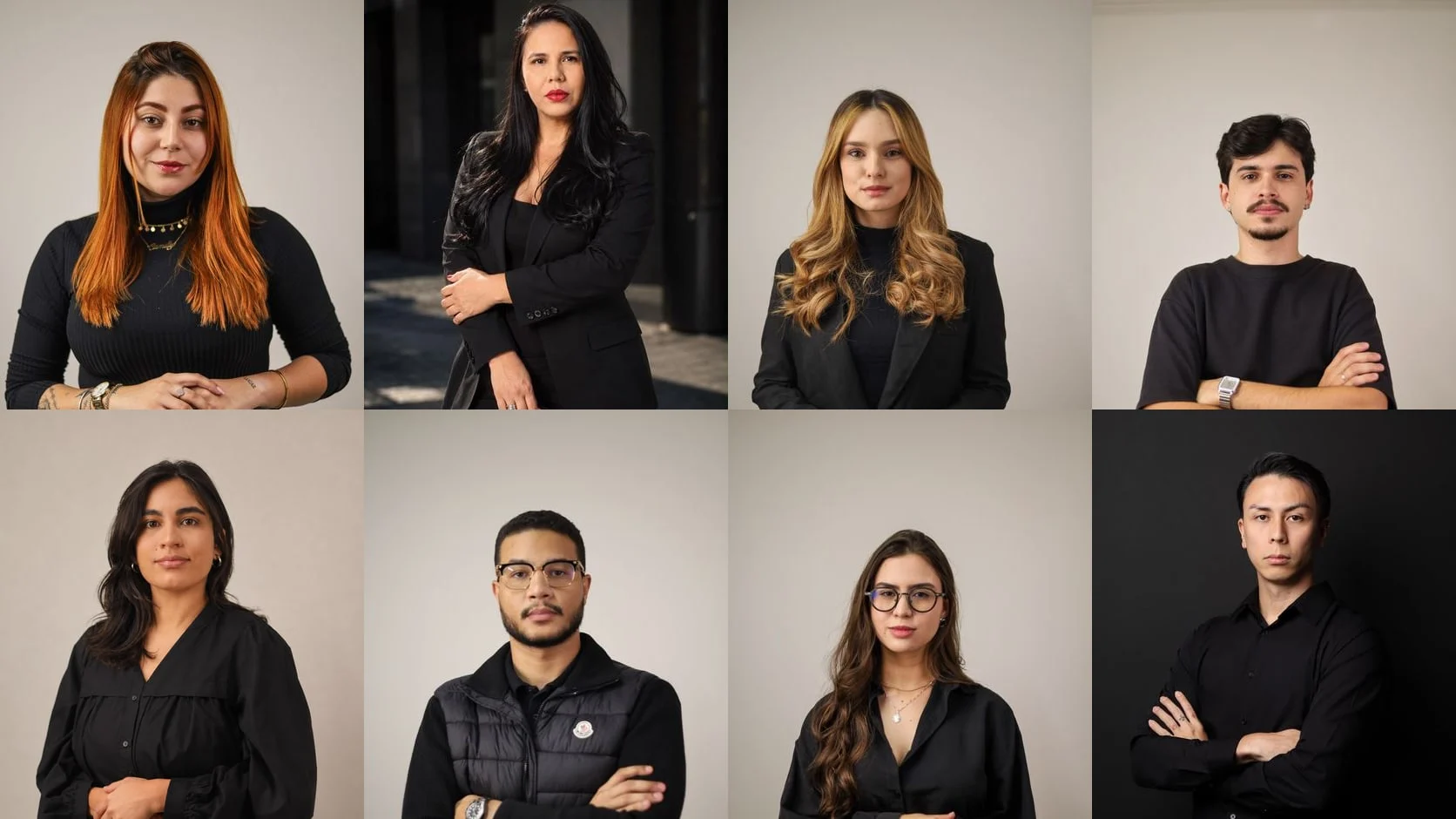 Mosaico com os retratos de oito pessoas da equipe do Grupo TODA, em roupas pretas