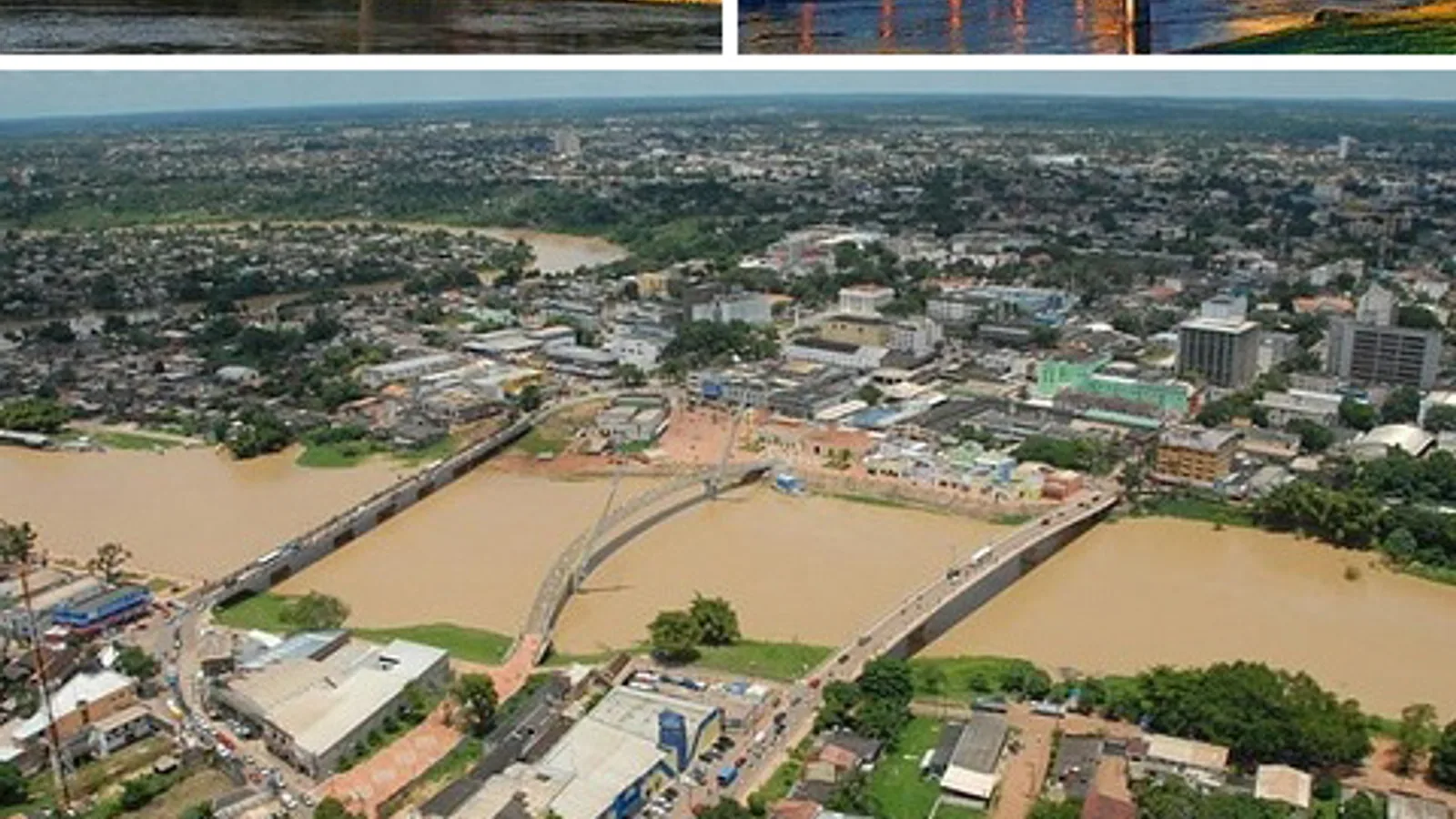 Vista aérea de Rio Branco com o rio Acre atravessando a área urbana